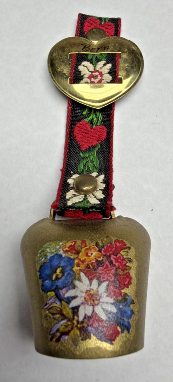 Vtg Metal Brass Colored Swiss Cowbell Cow Bell Embroidered Strap Floral Heart